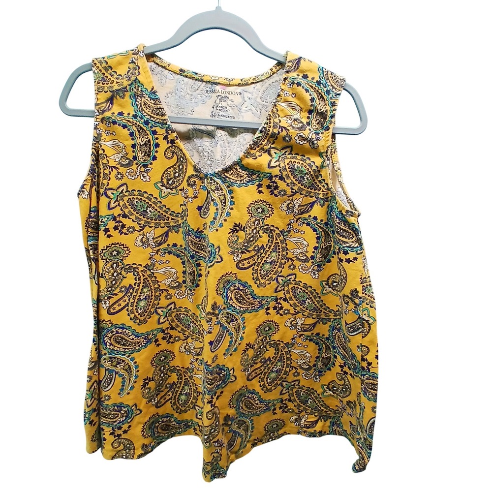 Jessica London Paisley Tank Top L 18/20 Yellow Boho V-Neck Sleeveless‎ Cotton